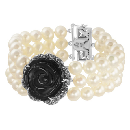 Серебряный браслет с жемчугом, черным ониксом и марказитами Swarovski