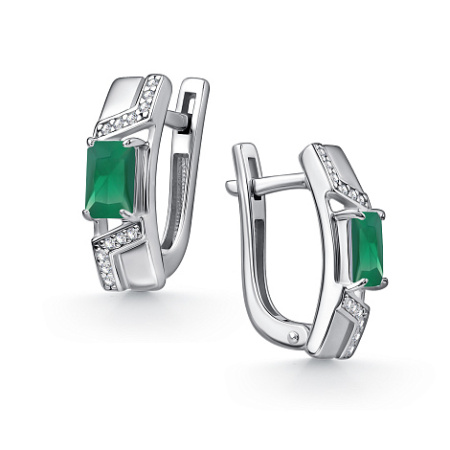 Серьги из серебра с зелёным агатом и фианитами