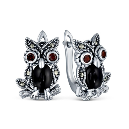 Серебряные серьги с ониксом, гранатом и марказитами «Сова»