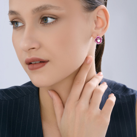 Серьги из серебра с синтетическим жемчугом и эмалью «Цветы»