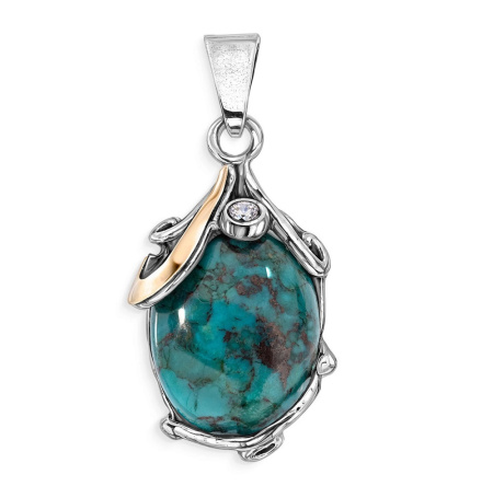 Серебряный кулон с бирюзой, фианитами и золотом