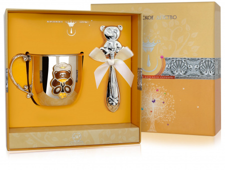Серебряный набор «Мишка» кружка с эмалью и погремушка