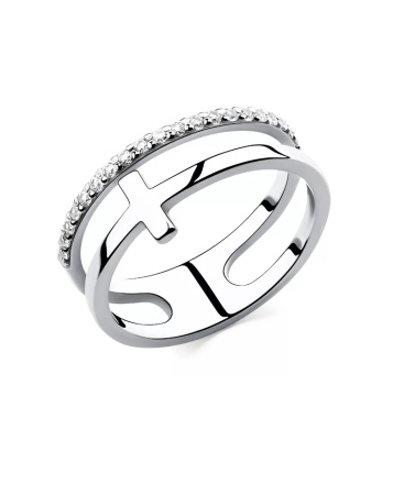 Двойное кольцо из серебра с фианитами «Крест»