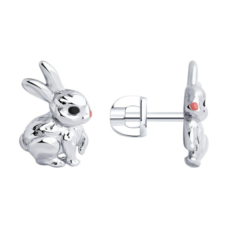 Серьги пусеты из серебра с эмалью «Заяц»