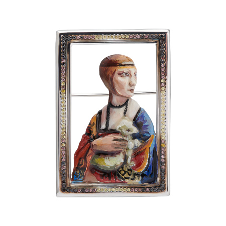 Серебряная брошь «Дама с горностаем» с эмалью и фианитами