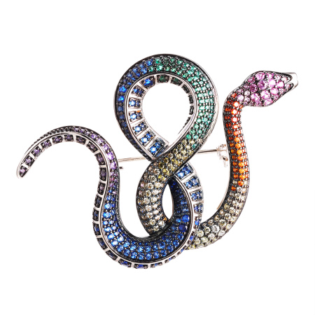 Брошь из серебра «Змея» с фианитами, шпинелью, корундами синт.