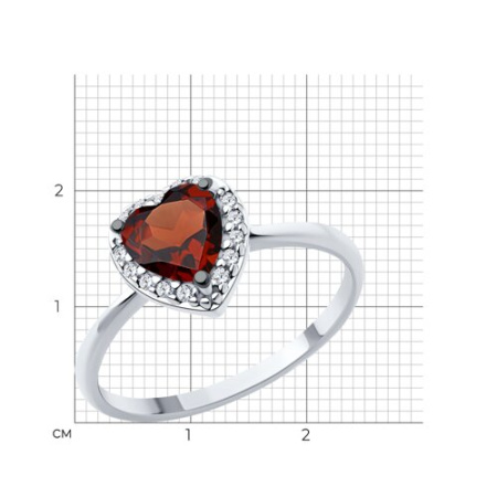 Кольцо из серебра с гранатом и фианитами «Сердце»