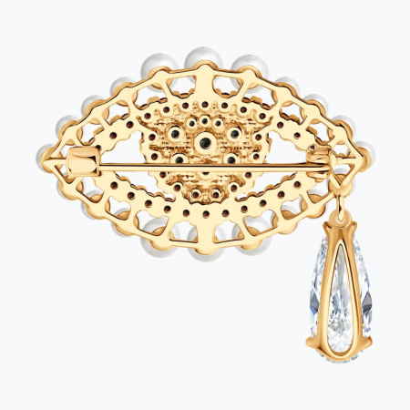 Брошь из серебра с синтетическим жемчугом и фианитами «Глаз»