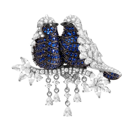 Серебряная брошь-подвеска с фианитами «Птички»