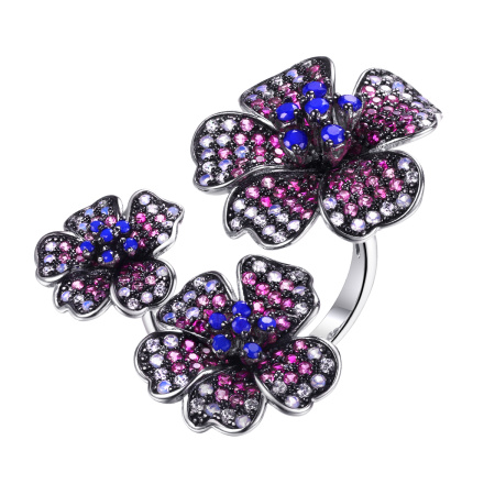 Серебряное кольцо с фианитом, опалом и корундом «Цветок»