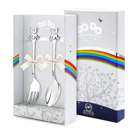 Серебряный детский тактильный набор «Медведь» ложка и вилка