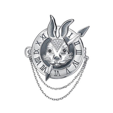 Серебряная брошь с эмалью и фианитами «Кролик» Алиса в стране чудес