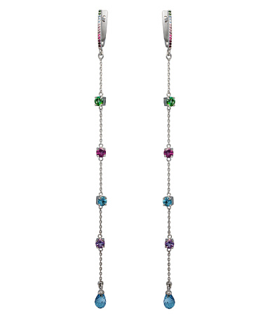 Длинные серебряные серьги с топазами, аметистами, фианитами, шпинелем и родолитом