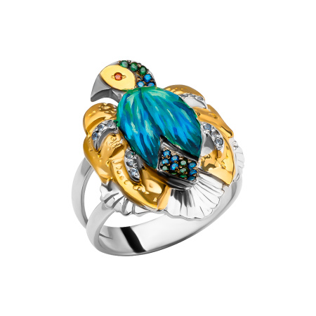 Кольцо из серебра с фианитами и эмалью «Попугай»