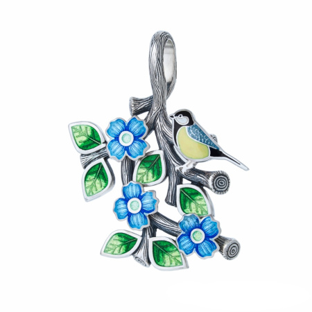 Серебряная подвеска с эмалью «Синичка»