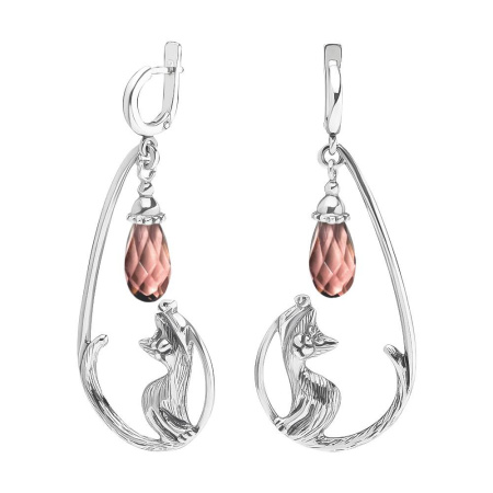 Серебряные серьги Кот под фонарем длинные с кварцем бургунди
