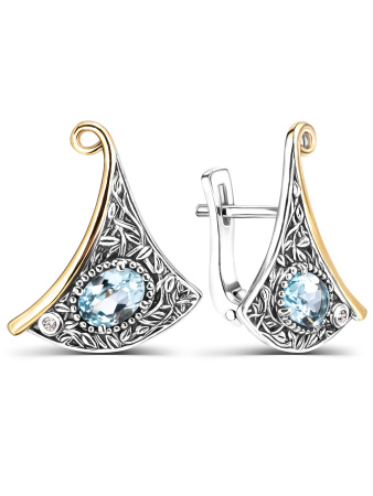 Серебряные серьги с топазом и фианитами в позолоте