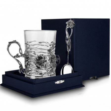 Серебряный подстаканник «Настурция» литой с чернением с ложкой