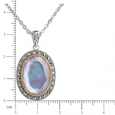 Серебряный кулон на цепи с перламутром, горным хрусталем и марказитами Swarovski