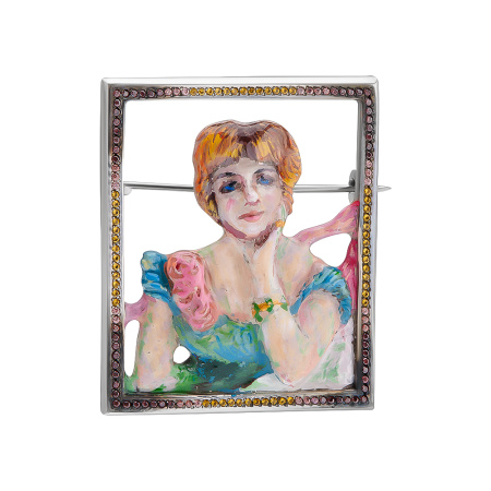 Брошь из серебра с фианитами и эмалью «Портрет Жанны»