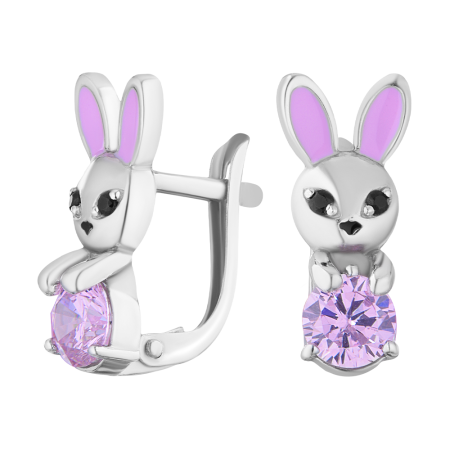 Серьги серебряные «Заяц» с эмалью и фианитами
