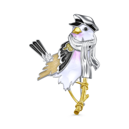 Брошь из серебра с эмалью и фианитами «Воробей»