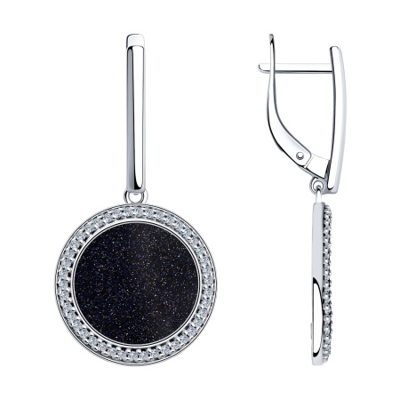 Серебряные серьги с авантюриновым стеклом и фианитами