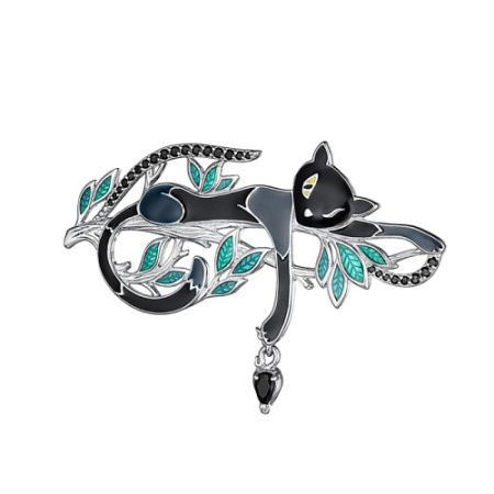 Серебряная брошь с фианитами и эмалью «Черная Пантера»