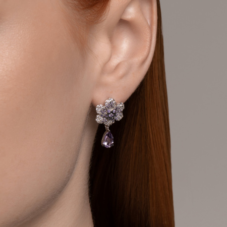 Серебряные серьги с аметистом и фианитами «Цветок»
