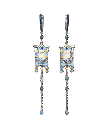 Серьги из серебра с фианитами, топазами и перламутром «Птица»