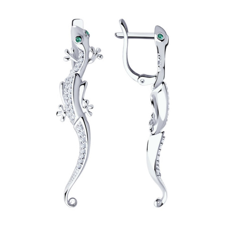 Серьги длинные из серебра с фианитами «Ящерица»