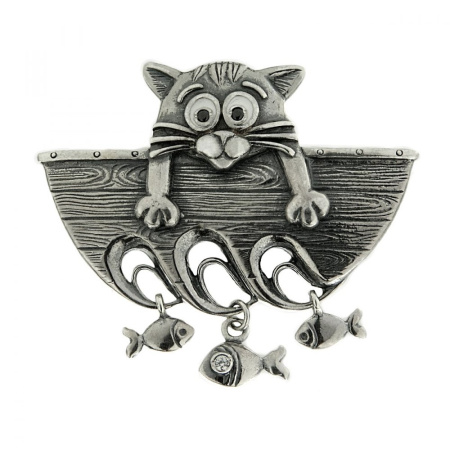 Брошь «Кот рыболов» из серебра
