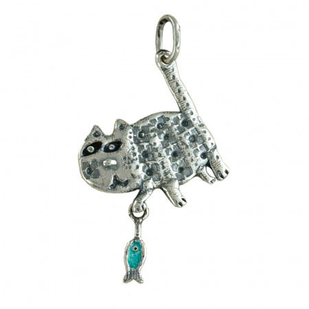 Серебряная подвеска «Котик с рыбкой» с эмалью