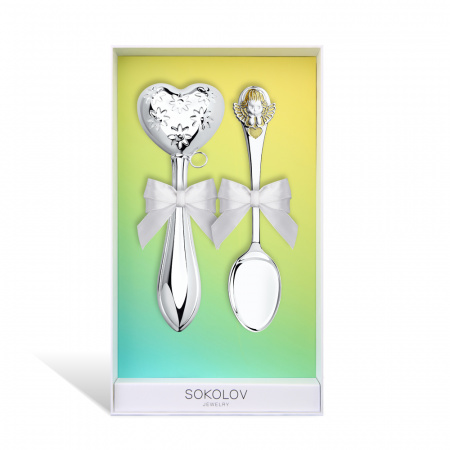 Серебряный набор погремушка «Сердце» и ложка «Ангелочек с сердечком»