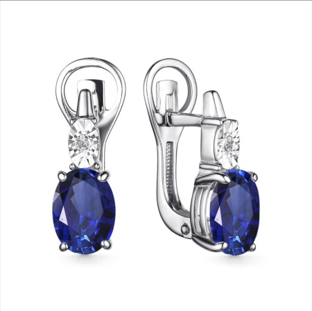 Серебряные серьги с бриллиантом и гидротермальным сапфиром