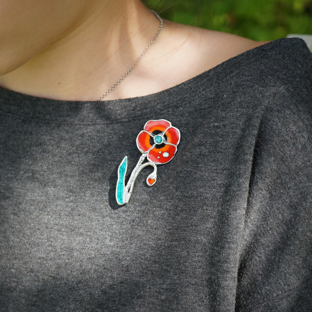 Брошь из серебра с эмалью «Мак»