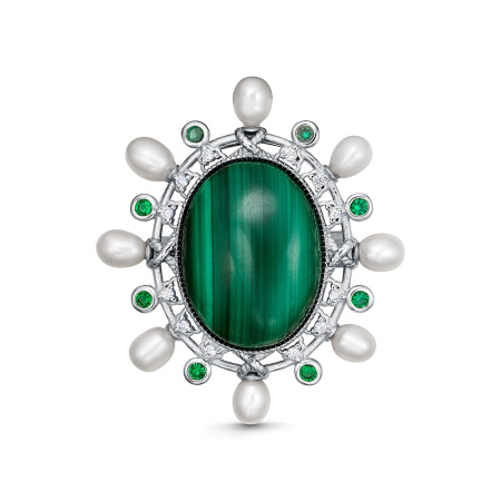 Брошь-подвеска с малахитом, жемчугом и фианитом