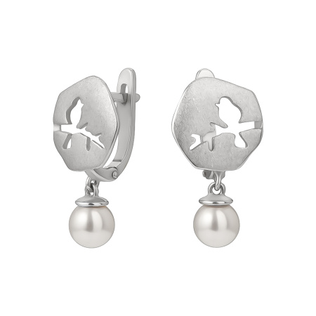 Серьги из серебра «Птичка на ветке» с жемчугом