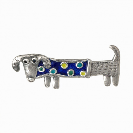 Брошь из серебра с эмалью «Такса в синем свитере»
