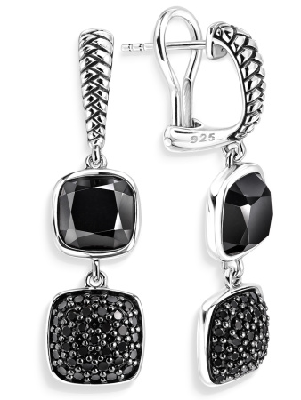 Серебряные серьги с черным ониксом и шпинелью