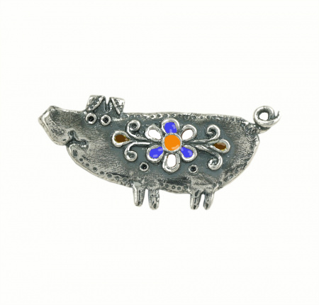 Серебряная брошь «Свинка» с эмалью