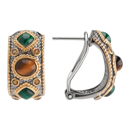 Серьги из серебра с цитрином, малахитом и топазом