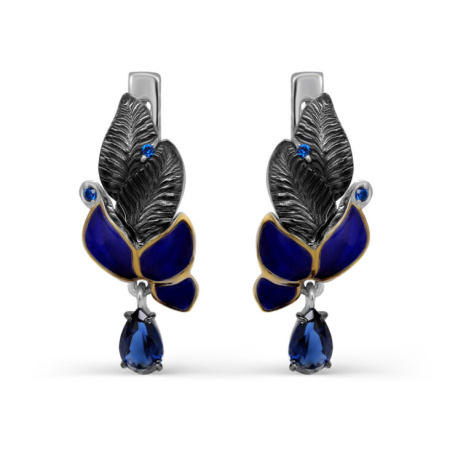 Серьги из серебра с фианитами, шпинелью и холодной эмалью