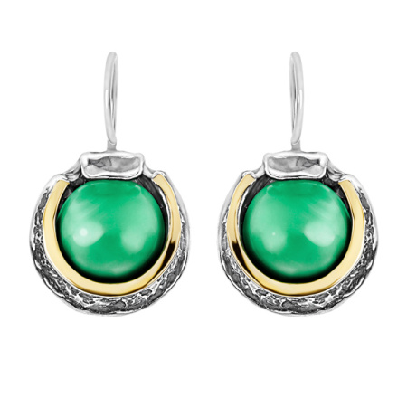 Серебряные серьги с зеленым агатом и золотом