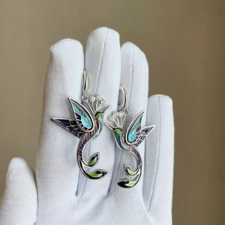 Серьги из серебра «Райская птица» с эмалью