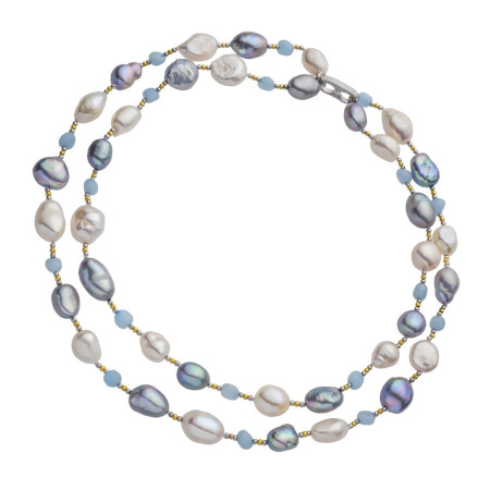 Бусы из жемчуга, аквамарина и серебра