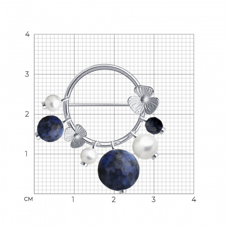 Брошь из серебра с содалитом и синтетическим жемчугом