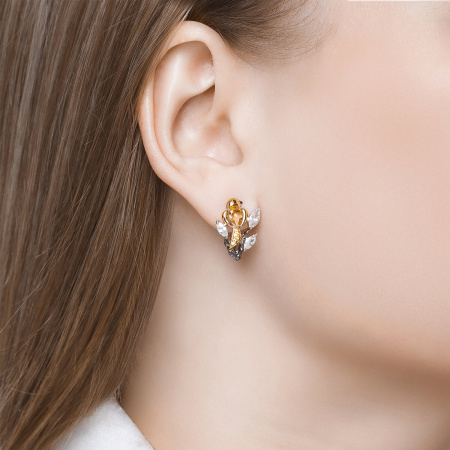 Серебряные серьги с цитрином и фианитами «Птички»