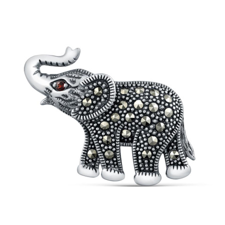 Брошь из чернёного серебра с гранатом и марказитами «Слон»