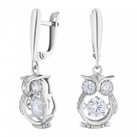 Серебрянные серьги с фианитами «Сова» с танцующими фианитами